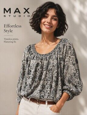 MAX STUDIO London Semi  Sheer Print Blouse Lined Gathered Neckline Puff SlV Sz M
